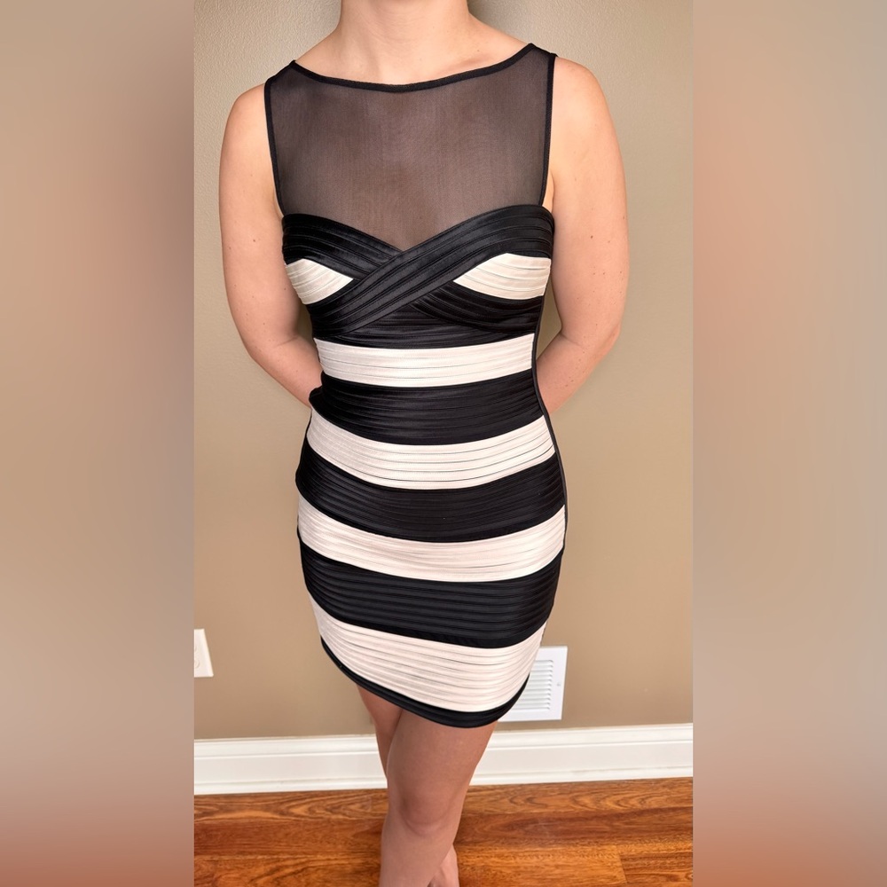 BCBGmaxazria Black and White Striped Bandage Dress